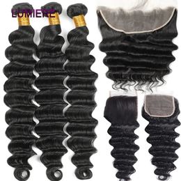 Synthetic Wigs Peruvian Loose Deep Wave Bundle With Closure Human Hair 34 Bundles Frontal HD Transparent Lace 231006