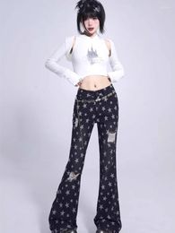 Women's Jeans High Quality Star Full Print Spray Code Bay Wash Worn-out Rough Edges Holes Casual Straight Leg Cattle Pants