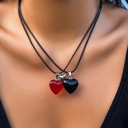 Pendant Necklaces IngeSight.Z Lovers' Magnetic Glass Peach Heart Necklace Set For Women Men Gothic Black Leather Wax Thread Choker Neck