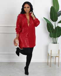 Plus Size Dresses Sequined Glitter Shirt Mini Dress For Women Elegant Long Sleeve Turn-down Collar Slim Night Club Party