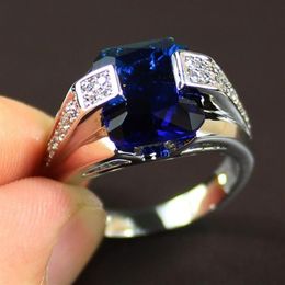 Top Sell Drop Luxury Jewelry 925 Sterling Silver Princess Cut Blue Sapphire CZ Diamond Gemstones Male Men Wedding Band Ri264j