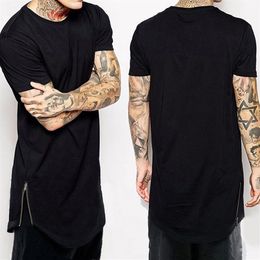 New Clothing Mens Black long t shirt Zipper Hip Hop longline extra long length tops tee tshirts for men tall t-shirt277A