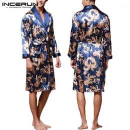 INCERUN Fashion Satin Silk Pyjamas Mens Robe Long Sleeves Bathrobe Lucky Chinese Dragon Print Gown Bathrobe Sleepwear Lounge113131