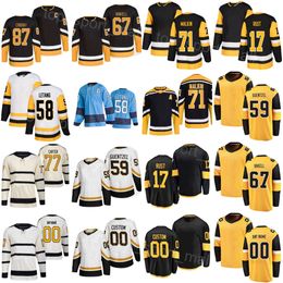 Men Kids Women Hockey 87 Sidney Crosby Jerseys 71 Evgeni Malkin 59 Jake Guentzel 67 Rickard Rakell 17 Bryan Rust 58 Kris Letang 77 Jeff Carter Black White Blue Yellow