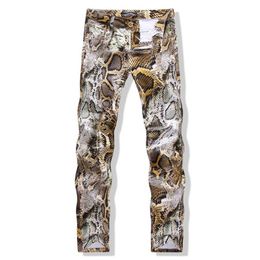 Mens Snake Skin Print Camoflague Original Designer Slim Hip Hop Rock Jeans Pants Men Skinny Jeans Streetwear 29-38238u