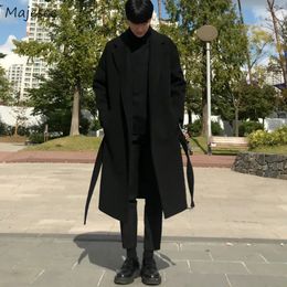 Men's Wool Blends Men Black Wool Blends Coats Vintage Japan Style Loose Sashes Casual Harajuku Outwear Over Knees All-match Thickening Warm Korean 231006