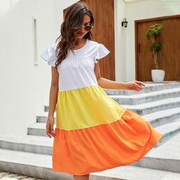 Party Dresses Casual Slim Fashion Sexy Elegant Dress Bright Yellow Three Color Mosaic Round Neck Flying Sleeves Summer2023