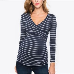 Maternity Tops Tees Women's Striped Maternity Long Sleeve Solid Colour Nursing Top T Shirt V Neck Fashion Casual Maternity Breastfeeding Top 231006