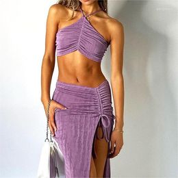 Skirts Summer Clothing Elegant Sleeveless Slit Ruffle Backless Dress Suit Ladies Club Party Sexy 2 Piece Fashion Purple Outfit