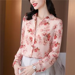 2023 Fashion Floral Button Up Shirt Long Sleeve Women Designer Red Silk Satin Graphic Blouses 2023 Autumn Winter Long Sleeve Lapel Shirts Office Ladies Runway Tops