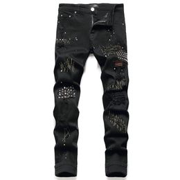 Mens Stretchy Ripped Rivet Jeans New Small Straight Black Hole Denim Pants Punk Style Fashion Caual Streetwear263I