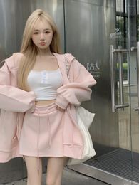 Work Dresses Korejepo Pink Sweet Sweater Suits Long Sleeved Hooded Loose Women Autumn 2023 Cardigan Slouchy Style Overlay Coat Top