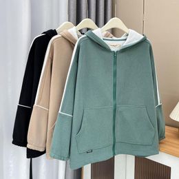 Outerwear Womens Plus Size Hoodie Jacket Autumn Winter Casual Clothing Two White Stripes Warm Outwear Simple Fleece Hooded Coat E21 K389