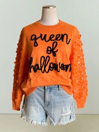 Women's Sweaters Women Letter Embroidered Sequin Sweater Halloween University Sweatshirts Funny Party Spooky Academy Fall Pullover Sweatshirt 231005