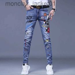 Men's Jeans Fashion Printed Jeans Men's Korean Brand Embroidery Badge Pattern Youth Ripped Small Feet Teenagers Cowboy Pencil Pants J231006