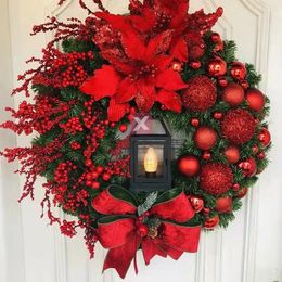 Christmas Decorations Christmas Wreath With Lamp Bow Ball Big Red Flower Navidad Party Wall Door Window Fireplace Staircase Balcony Garden Wreath 231005