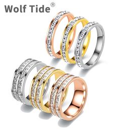 Titanium Stainless Steel Wedding Couple Ring Bling Double Row Cubic Zirconia Full Diamond Lovers Finger Rings Ing Jewelry Accessories Rose Gold Anillos Wholesale