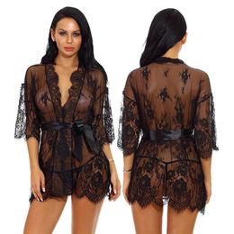 Women's Sleepwear Lace Kimono Robe Babydoll Lingerie Mesh Nightgown S-XXL203V