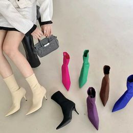Elegant Sexy Pointed Fine Heel Ankle Boots Women Spring/Autumn Stretch Fabric Sewing Sock Boots Party Wedding 35-39 230922