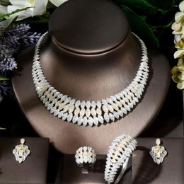 Necklace Earrings Set Fashion Luxury Geometric 4pcs Cubic Zirconia And Earring 3 Tones Baguette Wedding For Women N-1788