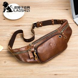 Waist Bags LAOSHIZI Men's Genuine Leather Waist Packs Multifunction Fashion Leather Chest Bag Sports Casual Leather Travel Pocket Phone Bag 231006