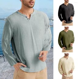 Men's T Shirts Men Solid Color T-shirt V-neck Loose Fit Long Sleeve Pullover Streetwear Tops With Buttons