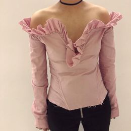 Women's Blouses IHOBBY Pink Off Shoulder Ruffled Shirt Fashion Design Collar Back Lace Up Long Sleeved Blouse