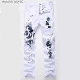 Men's Jeans Fashion Painted Denim Slim Fit White Jeans Men Hip Hop Elastic Casual Cowboys Pants Mens Printing Streetwear Jean Trousers J231006