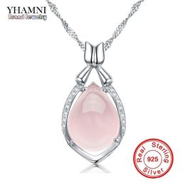 YHAMNI Luxury Solid 925 Sterling Silver Pink Gem Crystal Pendant Necklace Natural Stone Water Drop Necklace For Women DZ056265u