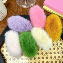 Candy Colour Plush Hair Clip Oval Faux Fur Hairpin Soft Fluffy Clip Barrettes Girls Winter Headwear Korean Hair Accessories