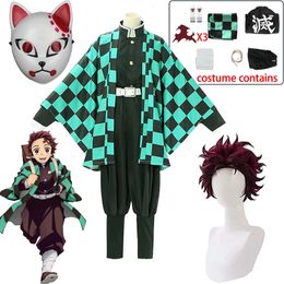 코스프레 Tanjirou Kamado Cosplay Anime Demon Demon Slayer Kimetsu No Yaiba Cosplay 의상 유니폼 Haori Kimono Wig 정장 할로윈 성인 아이 231005