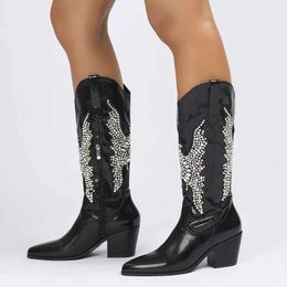 New Design Soft Leather Pointed Toe Knee high Boots Woman Autumn Winter Western Cowboy Booties Embroider Shoes 230922