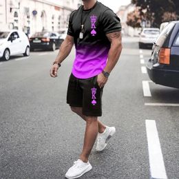 Men's Tracksuits European American Men's T-shirt Set Summer 3D Printed Letters Playing Card Shorts Short Sleeved Combination 2-piece Set Casual 231006