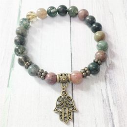 MG0411 Simple Design Natural Stone Bracelet for Women 8 mm Fancy Beads Hamsa Charm Bracelet Indian Agate Energy Jewelry183e