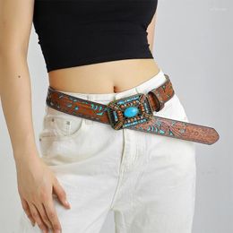 Belts Vintage Cowboy Belt For Women Wood Bead Buckle Bohemian Cowgirl Teens Engraved Pattern Jeans Hollow