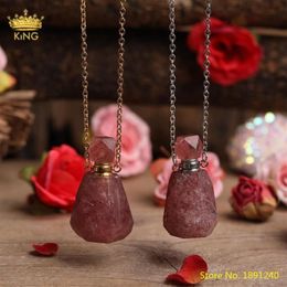 Natural Strawberry Quartz Gold Silvery Perfume Bottle Pendant Necklace For Women Crystal Essential Oil Diffuser Bottle Jewelry279s