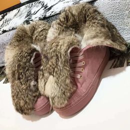 Designer Women Boots Winter Snow Boots Real Rubbits Fur Boots Leather Fashion Platform Shoes Lace Up Casual Suede Fur Shoes Size 35-42 With Box NO484