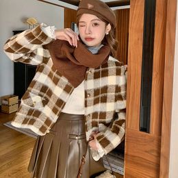 Two Piece Dress Elegant Skirts Sets Quilted Plaid ONeck Wool Blends Jacket Ladies Casual Midlong Skirt Korean Autumn Spring Outfits Women 231005