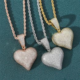 New Arrived Heart Shape Solid Back Pendant Necklace with Rope Chain Iced Out Zircon Mens Hip Hop Jewellery Gift292o