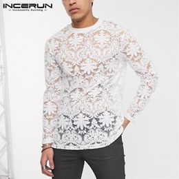 Men's T-Shirts Fashion Lace Printed Men T Shirt Long Sleeve Round Neck Casual Mens Tee Tops Sexy Transparent Party Nightclub2112