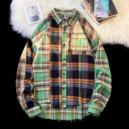 Men's Casual Shirts American Patchwork Plaid Long-sleeved Loose High Street Tops Student Jackets Men Male Clothes