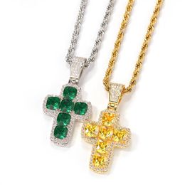 Mens Hip Hop Cross CZ Stone Bling Iced Out Pendant Necklace Jewellery Gold Slver Green Diamond Statement Necklaces Gift2524