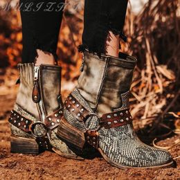 Dress Shoes Snakeskin Mixed Colors Rivet Ankle Boot Genuine Leather Belt Buckle Square Heels Side Zipper Fashion Autumn Footwear 231005