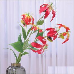 Decorative Flowers Wreaths 3 Heads Artificial Flame Lily Long Branch Home Decor Party Decoration Flores Artificiales Valentines Day Dr Dhcpv