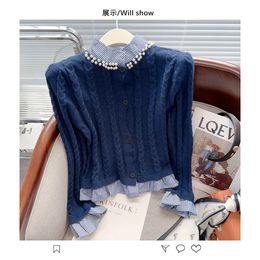 Pearl Beaded Twisted Knit Cardigan Sweater Women Fake Two Pieces Spliced Vintage Stylish Tops Long Sleeve Single-breasted Jumper