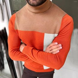 Men's Sweaters Winter Turtleneck Orange Colorblock Slim Knitted Pullovers Men Solid Colour Casual Male Autumn Knitwear