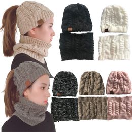 7 Colours With Logo Autumn And Winter Ponytail Hat Neckerchief Set Solid Colour Wool Knitted Hat Outdoor Warm Casual Hat For Women