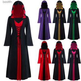 Theme Costume Mediaeval Dress For Women Lace-up Vintage Hooded Cloak Robe Adult Come Retro Cosplay Halloween Scary Vampire Witch Long DressL231007