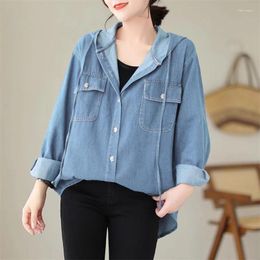 Women's Blouses Hooded Denim Shirt Autumn 2023 Korean Retro Design Casual Top Jacket SIngle Breasted Jeans Jaqueta Z3197