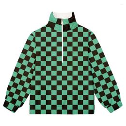 Men's Hoodies 3D Patterned Anime Green Plaid Checkerboard Falaise Sweaters Tops For Men Women Zipper Stand Collar Flannel Pullovers Warm 5XL